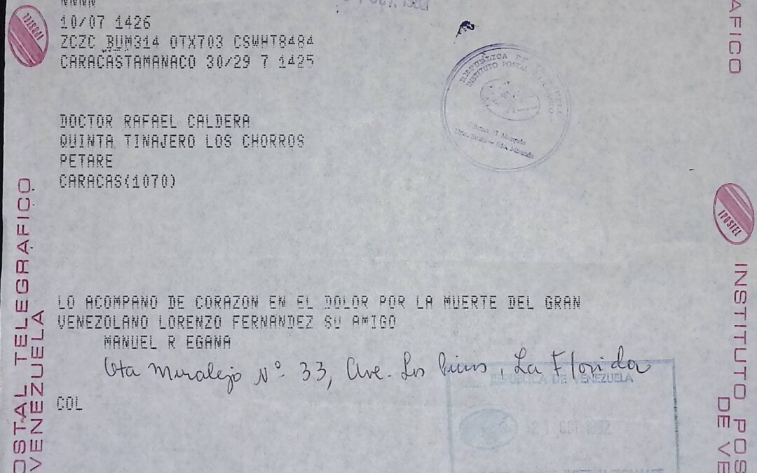Egaña, Manuel R. – 1983. Octubre, 7. Telegrama de pésame por la muerte de Lorenzo Fernández